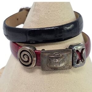 WK Prerogatives Set 2 Leather Black Red Watch Band Sterling‎ Silver Charm